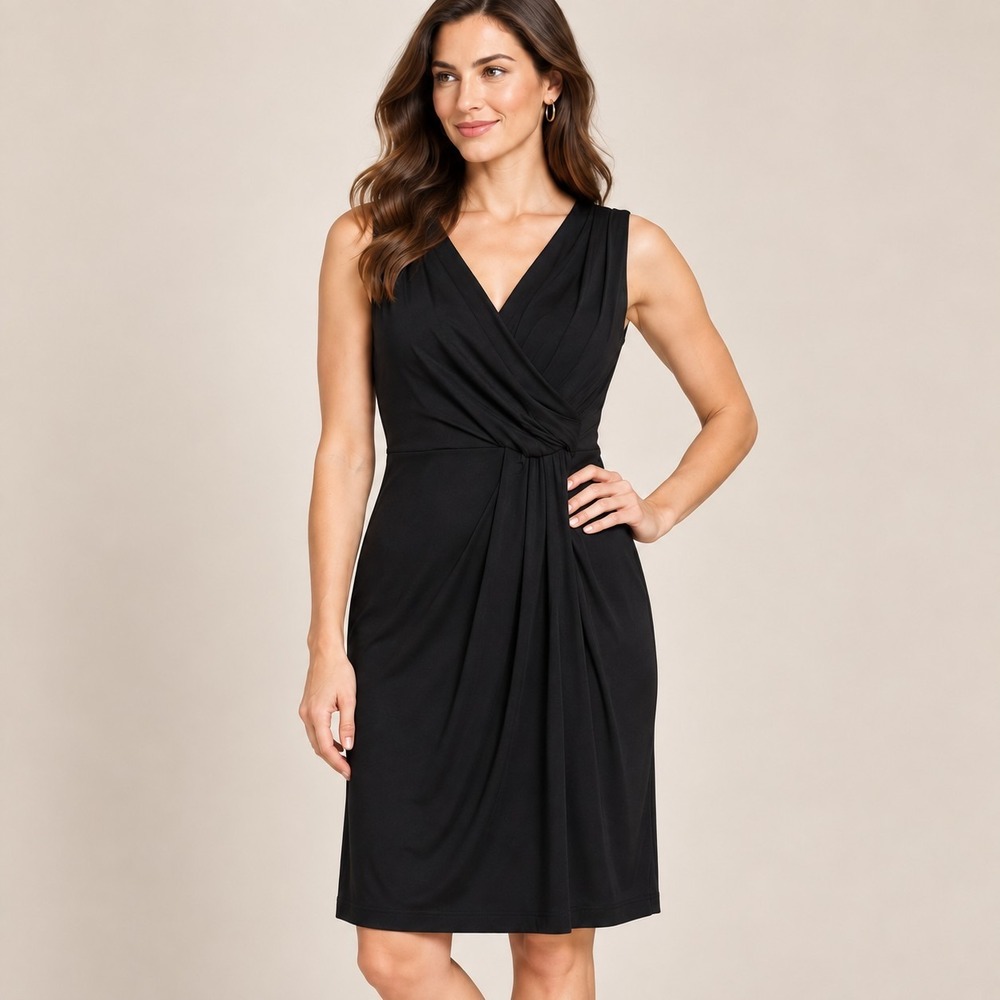 Tahari Black Faux Wrap Midi Dress Women's Small LBD Classic Quiet Luxury Bodycon